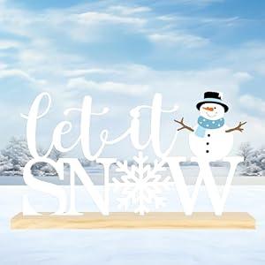 Winter Let It Snow Metal Sign, Winter Christmas Tabletop Decoration with Wood Base, Holiday Decorations for Home, Office, Shelf, Mantel, Indoor, Christmas Centerpiece Sign for Party Supplies