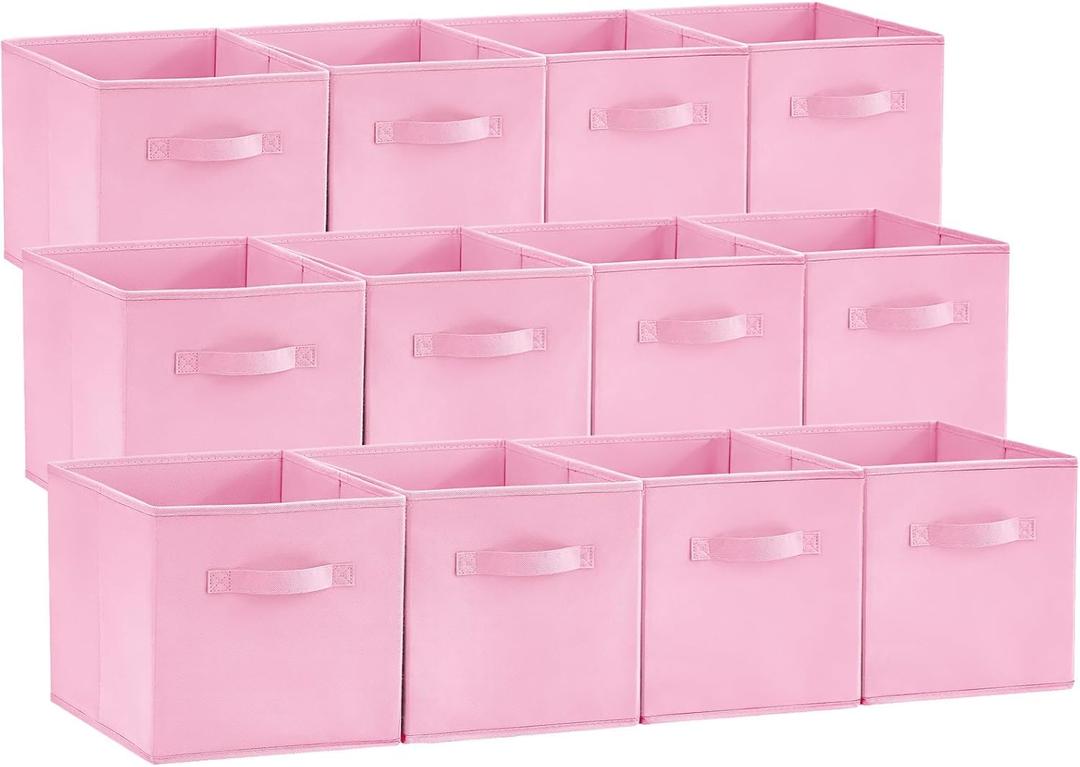 Lifewit Storage Cubes, Foldable Decorative Fabric Storage Baskets for Organizing Home Organizers with Handles for Shelves, Closet, 11 Inch Bins, 18L Pink, 12 Packs