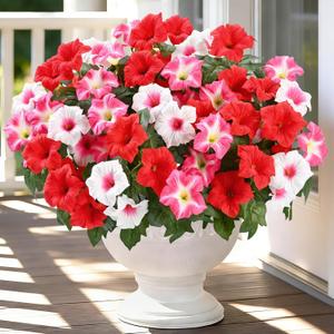 MARTINE MALL Artificial Flowers for Outdoors, 4 Bundles Realistic Fake Outdoor Flowers, UV Resistant Silk Petunia Flower for Outside Look Real Faux Flower Plants for Outdoor Porch, Red Pink White