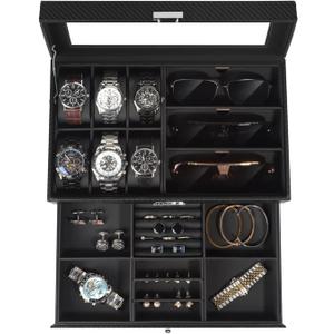 Jewelry Box for Men, 6 Slot Watch Box Jewelry Organizer With Drawer, Watch Case for Men with Large Window, 2-Layer Watch Holder, Sunglasses Storage Organizer, Velvet Lining, Fathers Day Gift