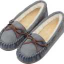 Vonair Women's Moccasin Slippers Micro Suede Warm Faux Fur Pile Lined Lace-Up Cozy Bow Indoor & Outdoor Moccasins Slip On Loafers Shoes for Women (9, Grey)
