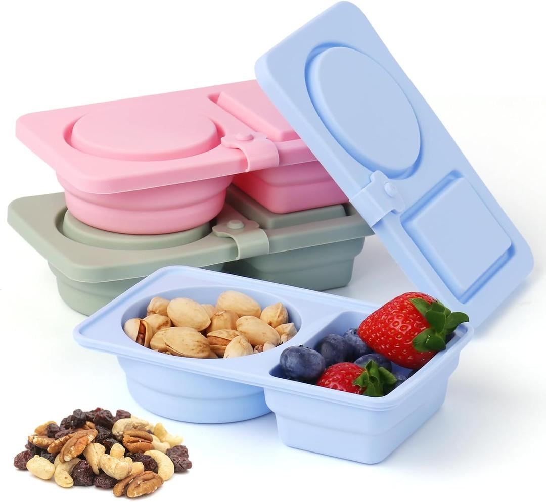 Daximo 3 Pack Silicone Snack Containers with Lids for Kids  Reusable Double Compartment Leak-Proof Silicone Snack Container  Dishwasher Safe Snackle Box for a Healthier Snack Time