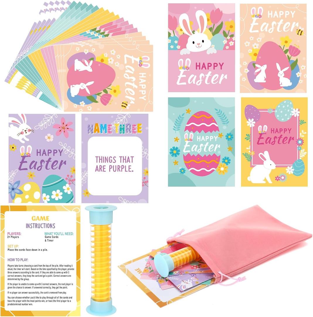 Harloon Easter Games 5 Second Game Cards Set Included 100 Pcs Questions Cards 5 Second Hourglass Drawstring Storage Bag Easter Gifts for Family Adults Spring Birthday Party Supplies