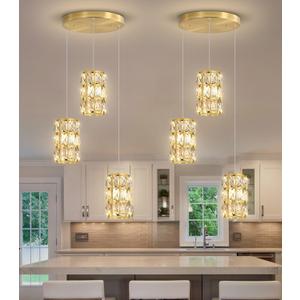 3-Lights Modern Crystal Pendant Lights for Kitchen Island LED Dimmable Glam Pendant Lighting Chandelier for Dining Room Hallway Corner Lamp Gold