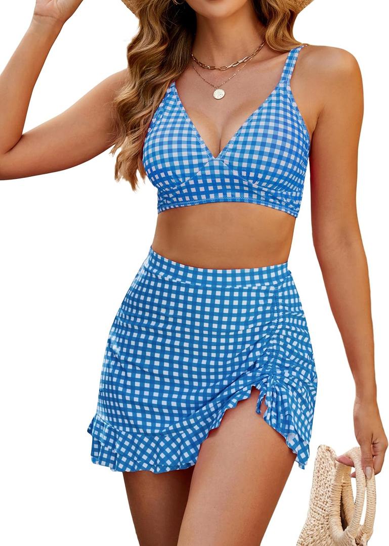 Blooming Jelly Women's High Waisted Bikini Sets Tummy Control Swim Skirt Two Piece Swim Suit 2025 Gingham Bikini(Blue White Plaid, Small)