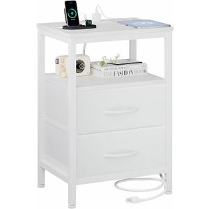 OLIXIS Nightstand with Charging Station, Bedside Table with USB Ports & Type-C, 2 Fabric Drawers Night Stand with Open Shelf, Compact End Table for Bedroom, White