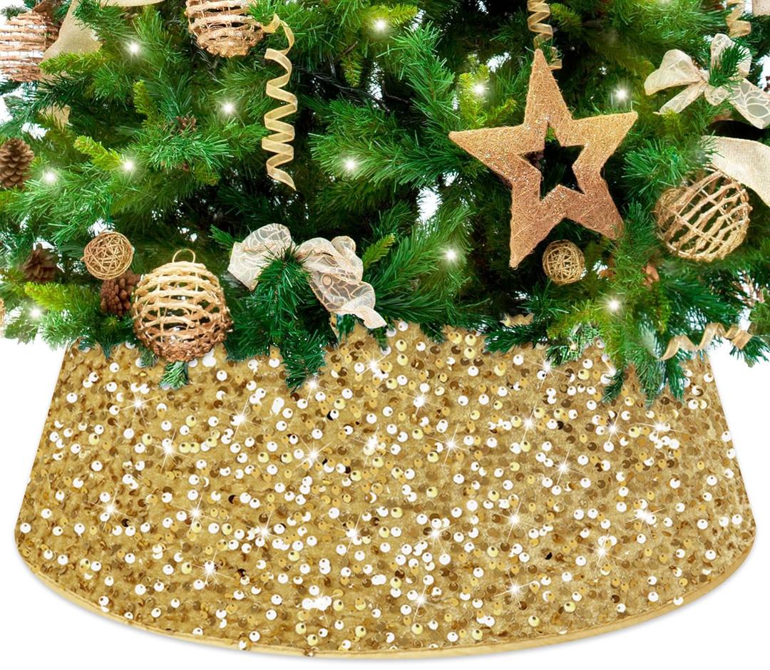 Gold Tree Collar Large Christmas Tree Skirt 28.3 Inch Christmas Tree Rings Sequin Christmas Tree Stand Collar Basket Round Base Cover Velvet Fabric for Artificial Xmas Tree Decoration