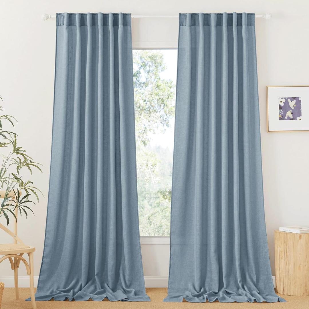 RYB HOME Linen Curtains 108 inches Long, Extra Long Floor Sweeping Semi Sheer Curtains Light Filtering Privacy Linen Blend Drapes for Sliding Glass Door Living Room, 52" inches Wide, Dusty Blue