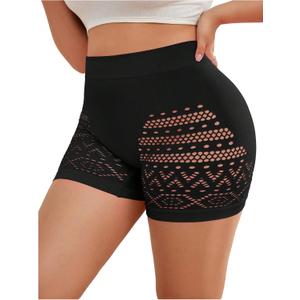 WDIRARA Women's Plus Size Hollow Out Panties High Waisted Seamless Briefs Boyshorts Underwear (Black, XL)