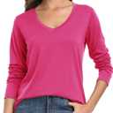 PRIMODA Women's V Neck Long Sleeve Shirts Classic Loose Fit T Shirt Top (Pink, M)