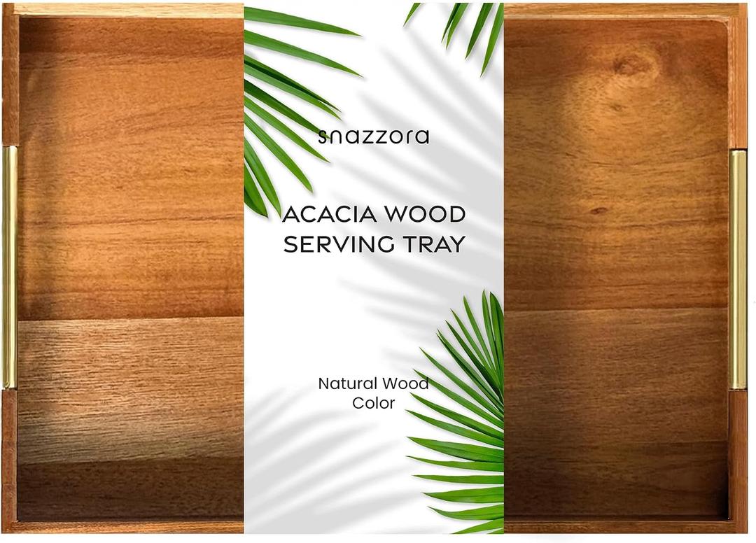 Acacia Wood Large Serving Tray with Golden Steel Handles 18" x 13" - for Coffee Table, Ottoman in Living Room, Breakfast in Bed, Jewelry, Decorative, BBQ, Charcuterie