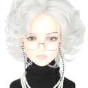 Old Lady Wig Costume Set Short Curly Beige Grey Granny Wig for Women 100 Years Old Woman Wigs for Halloween Party Cosplay Theatre Dress Up