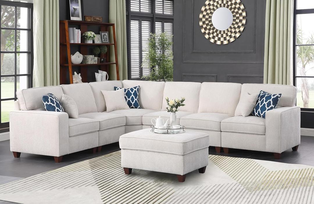 Ball & Cast 116" L-Shaped Sectional Couch with Movable Ottoman and 6 Throw Pillows,7 Seat Chenille Upholstered Sectional Sofa W/Wide Armrest,DIY Combination,Comfy Sectionals Set for Living Room,Beige