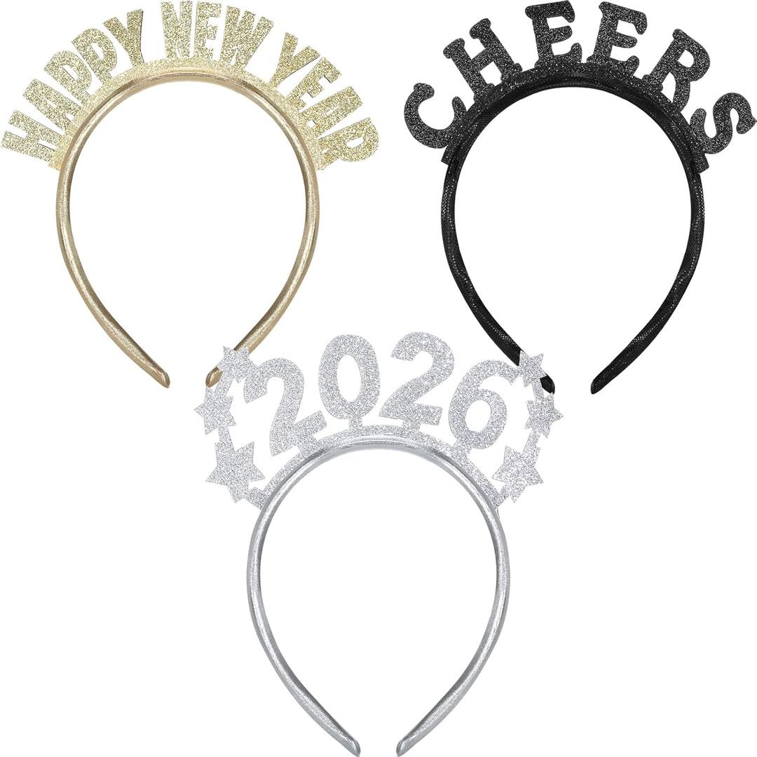 3 Pcs Happy New Year Headband for Women Let's Party Cheers Headband 2026 New Year's Eve Party Gifts Gold Silver Black Event for Years Eve Carnival Night Favors Gifts