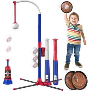 HYES 4 in 1 T Ball Sets for Kids 3-5 with Toss and Catch Ball Set, Hanging Tee Stand with Auto Pitching Machine/ 2 Bats, Indoor Outdoor Toys Birthday Baseball Gifts for Toddler Boys Girls, Blue