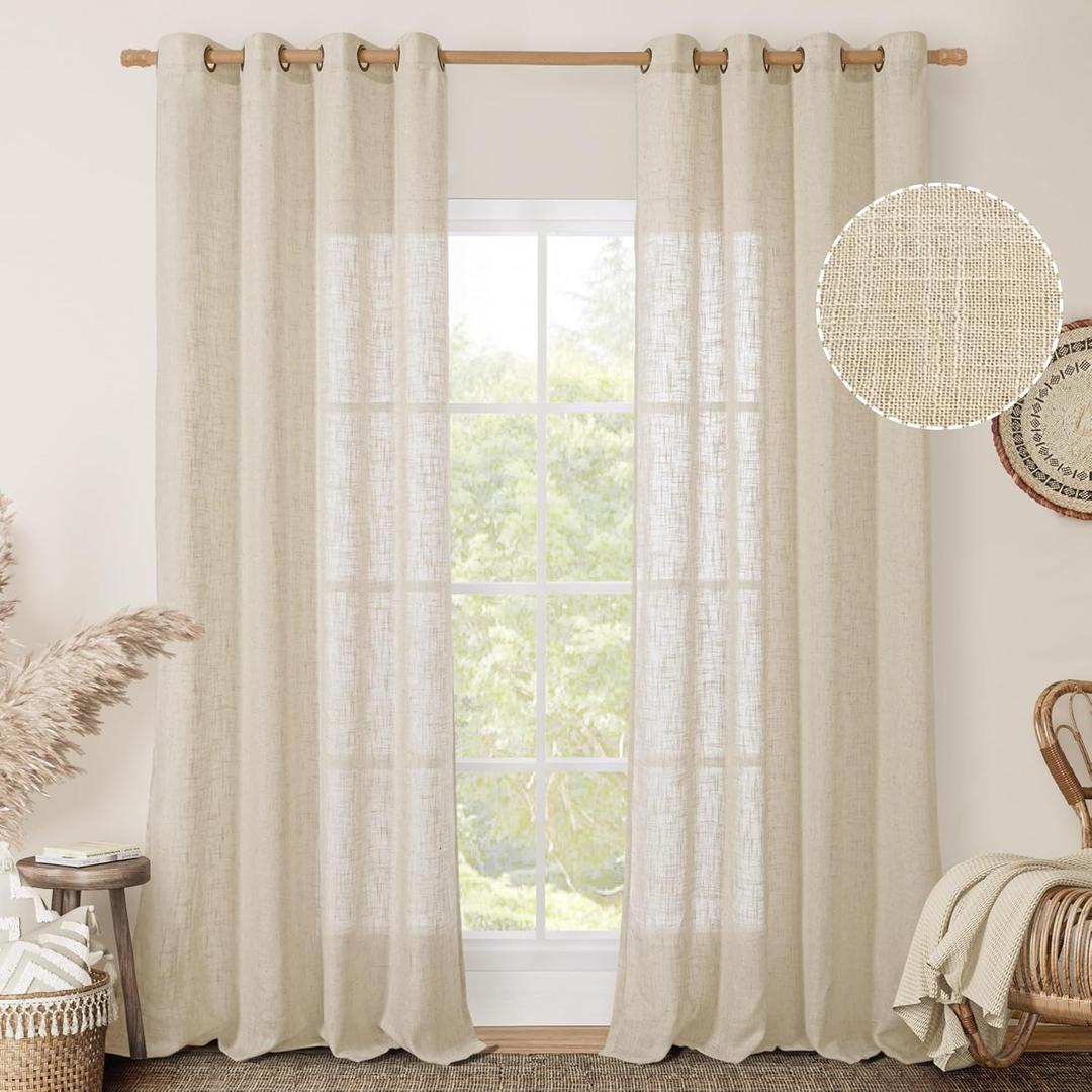 LAMIT Extra Long Linen Curtains 108 inch Long for Living Room, Light Filtering Bronze Grommet Window Textured Semi Sheer Drapes for Bedroom Farmhouse, 2 Panels, 52 x 108 Inch, Linen