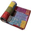Rajasthani art decor Indian Handmade Vintage Silk Sari Patola Ethnic Reversible Blanket Bedspread Throw Stitch Patchwork (Multi, Poster 40x60)