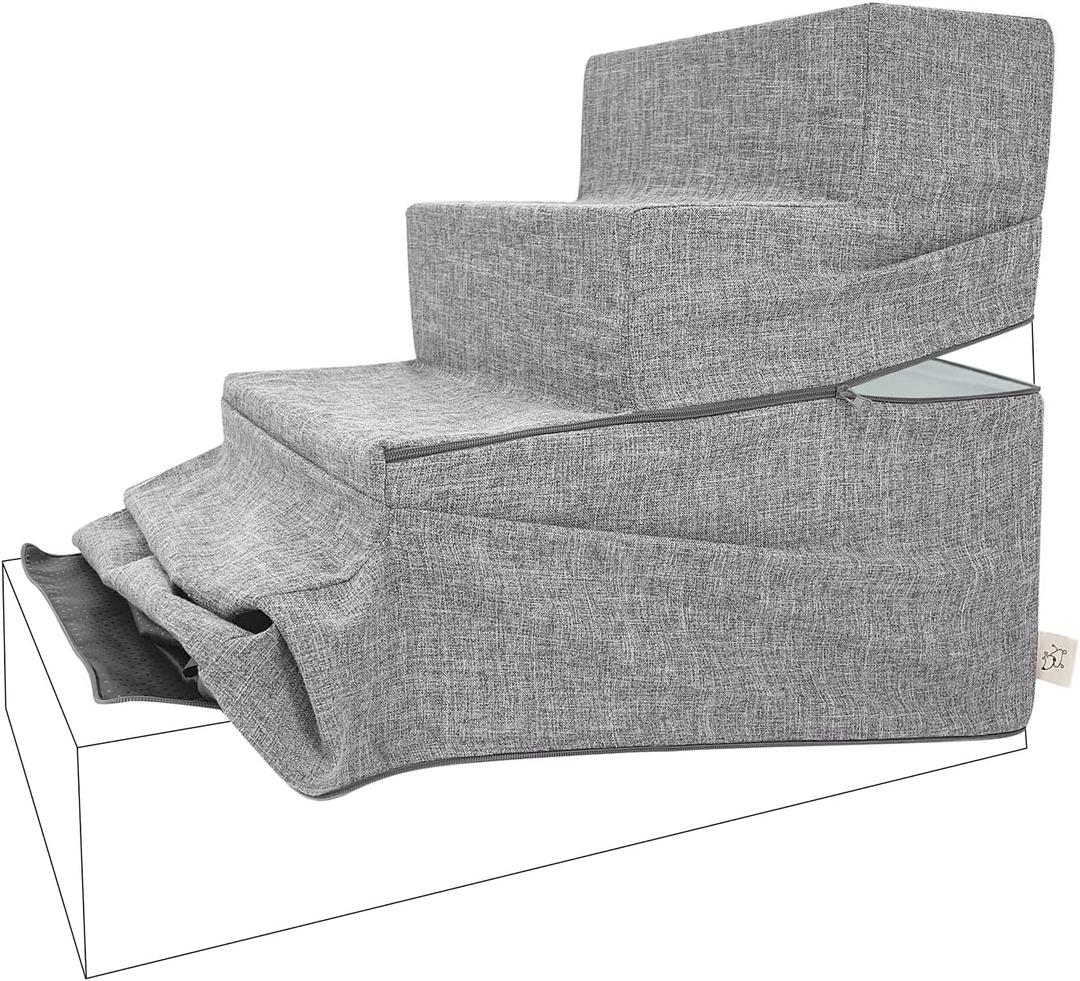 Best Pet Supplies Foldable Pet Stairs Cover for Foam Dog Ramps, Replacement Slip with Non-Slip Step Surface, Plush and Soft Fabric, Provides Paw Traction and Stability - Gray Linen, 4-Step