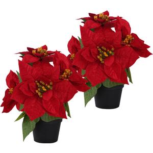 Poinsettias Flowers Artificial 2 Pack Red Faux Christmas Poinsettia Plant Small 11 Inch Winter Flowers for Home Office Table Decorations Indoor Xmas Ornament