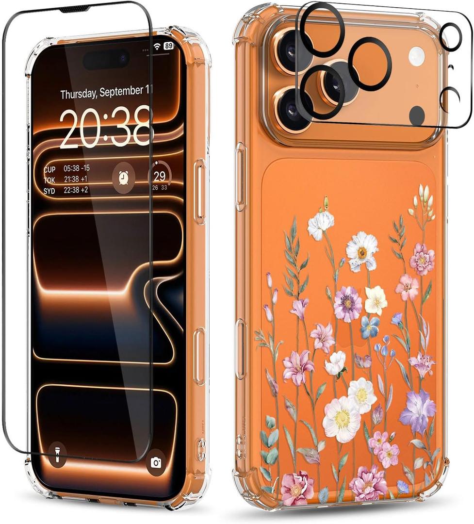 ilnehc for iPhone 17 Pro Case,[2 in 1] with Screen Protector & Camera Lens Protector,Flower Pattern Design, Clear Soft Shockproof Slim Floral Phone Cover for Women Girls 2025 6.3"(Blooming Flowerets)