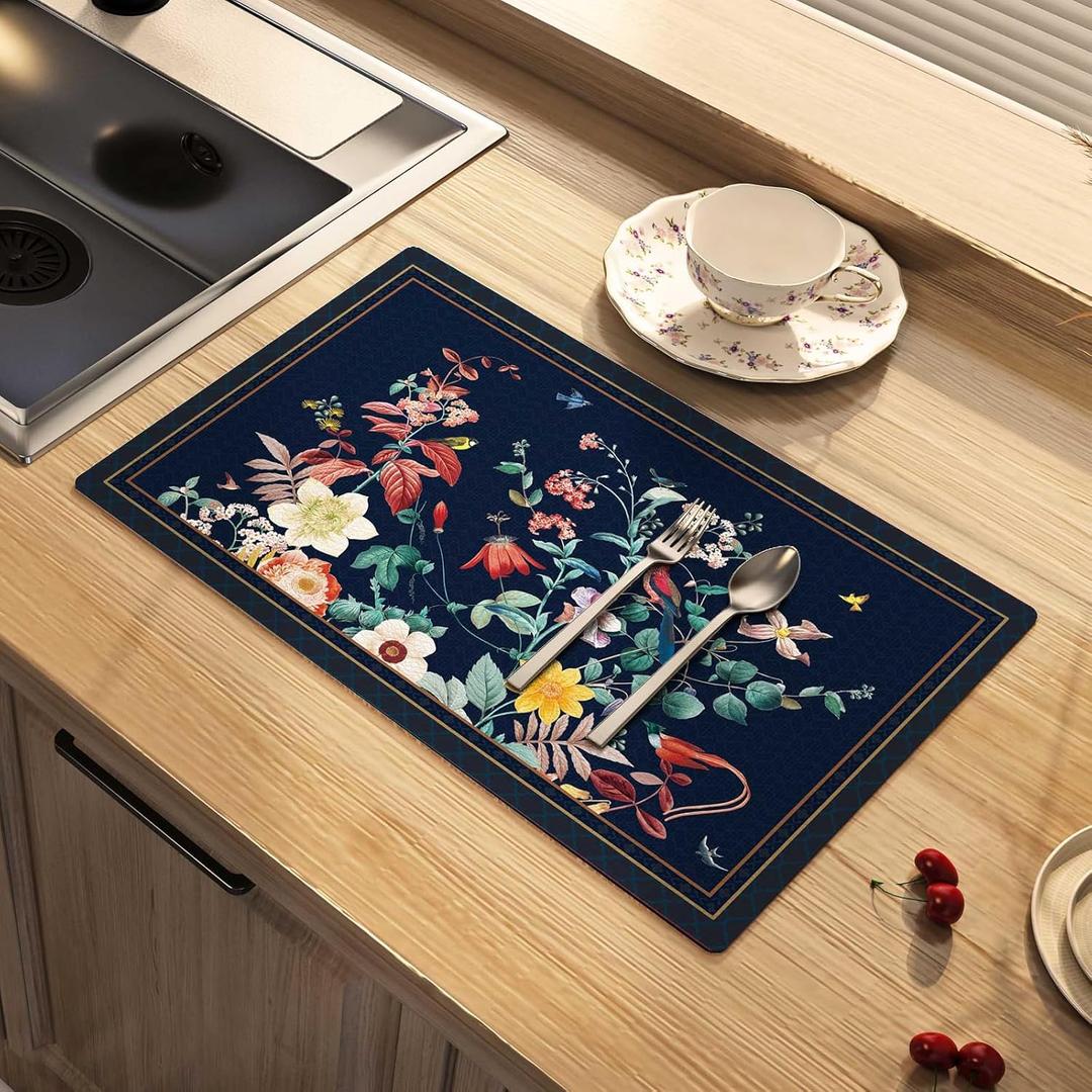 Dish Drying Mat Absorbent Floral Coffee Mat Rubber Backed Soft Silicone Bird Kitchen Dish Draining Mat for Kitchen Bathroom Coffee Bar (Navy Blue, 12 x 16 Inches)