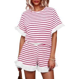 Tankaneo Womens 2 Piece Striped Shorts Set Ruffle Short Sleeve Tops Hight Waist Shorts Matching Sets Summer Vacation Outfits (White)