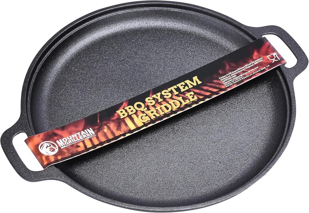 Mountain Grillers BBQ Griddle – 12"x15" Cast Iron Griddle for Grill – Heavy Duty Black Steel with Round Design – Superior Heat Retention, Even Cooking & Moisture Sealing for Perfect BBQ Results