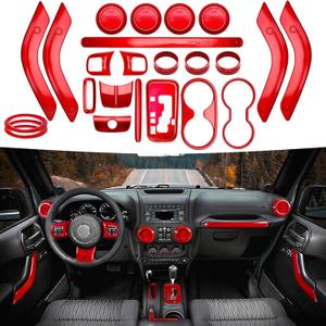 26PCS Full Set Interior Trim Kit Compatible With Jeep Wrangler JK JKU 2011-2018 2&4-door Inner Center Console Trim, Door Handle, Cup Holder Cover (Red Decoration Kit) Christmas Car Decorations, Red