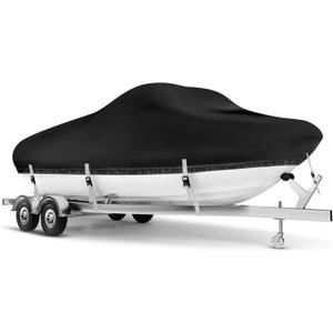 Boat Cover 28-30 ft, Waterproof 1200D Heavy Duty Boat Cover, PU Marine Grade Polyester Boat Covers 28-30 ft, Fits Bass, V-Hull, Tri-Hull, Runabout, Jon, Fishing, Trailerable, Beam Width 190 inch , Black-black