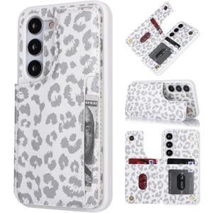 iCoverCase Compatible with Samsung Galaxy S23 Case with Card Holder, S23 Wallet Case for Women Men [RFID Blocking] PU Leather Protective Phone Case for S23 5G (Gray Leopard)