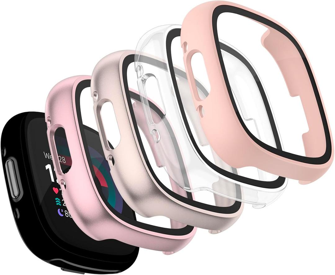 Vancle Case for Fitbit Versa 4 / Fitbit Sense 2, 4-Pack Screen Protector Tempered Glass Full Around Hard PC Case with Sensitive Touch Film Protective for Fitbit Sense 2 / Versa 4(Transparent + Starlight + Pink + Rose Gold)