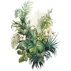 Tropical Plants Wall Decal, Peel and Stick Vinyl Stickers, Green Leaves and White Flowers, 22.4x15.7 inches