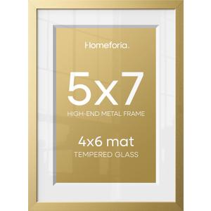 5x7 Picture Frame Gold, High End Metal 5 x 7 Gold Frames with Mat 4 x 6 for Print, 5by7 Desk Frame Matted to 4x6 inch Photo, 5 by 7 Wall or Tabletop Frame, Tempered Glass, Wall Kit, Set of 1