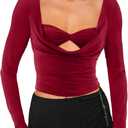 CSDAJIO Women's Sexy Draped Cowl Neck Long Sleeve Cut Out T Shirt Low Cut Fitted Top Ruched Going Out Shirts (L)