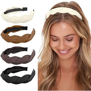 WOVOWOVO 4 Pieces Braided Headband for Women Girls Wide Hairband Fashion Non Slip Hairhoop Weaving Shape Accessories Solid Colors
