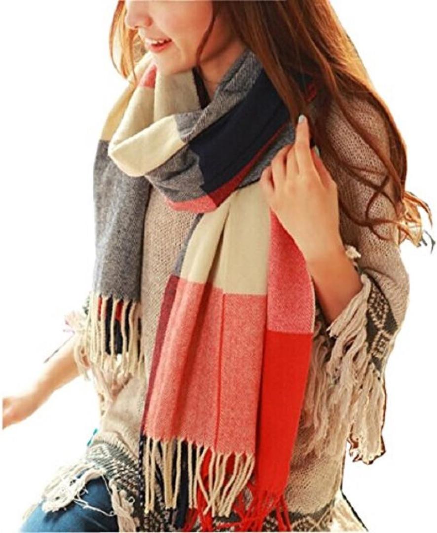 Wander Agio Women's Fashion Long Shawl Big Grid Winter Warm Lattice Large Scarf (Orange Red)