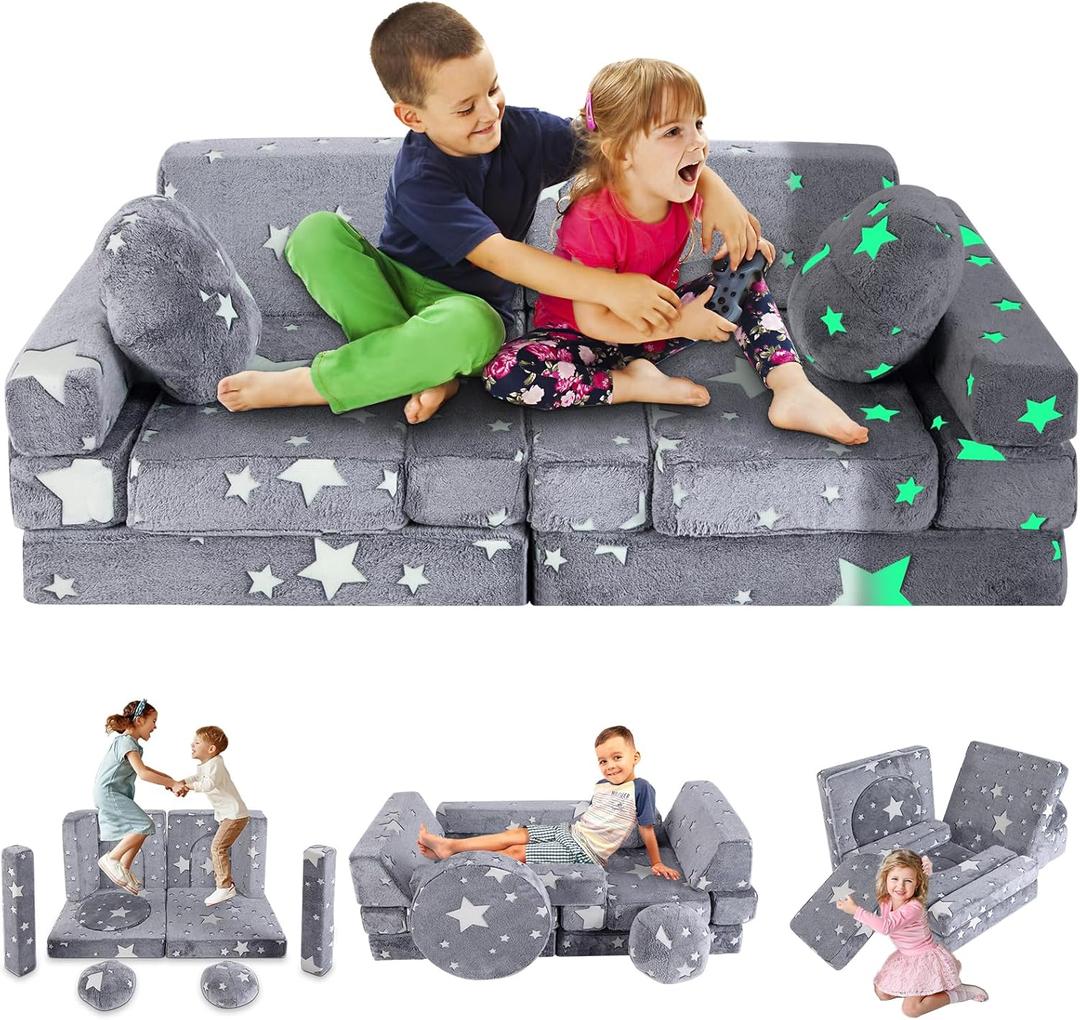 13 PCS Kids Play Couch, Modular Glowing Kids Toddler Couches, Kid Play Couch Sofa for Playroom and Bedroom (Grey)