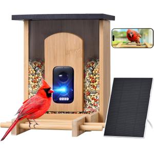 Smart Bird Feeder Camera, AI Bird Recognition, Solar 2K HD, 2.4GHz WiFi | AI bird recognition for 16000+ species, motion alerts,night vision,easy refill,bamboo build,stable 2.4GHz WiFi smart feeder