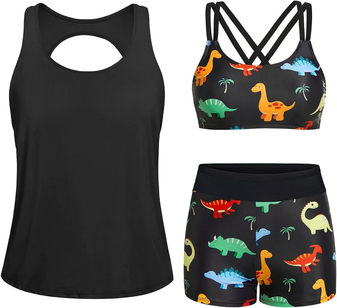 Yonique 3 Piece Swimsuits for Women Athletic Tankini Teen Bathing Suit Tummy Control Modest Swimwear with Boy Shorts (XX-Large, Black & Dinosaur)