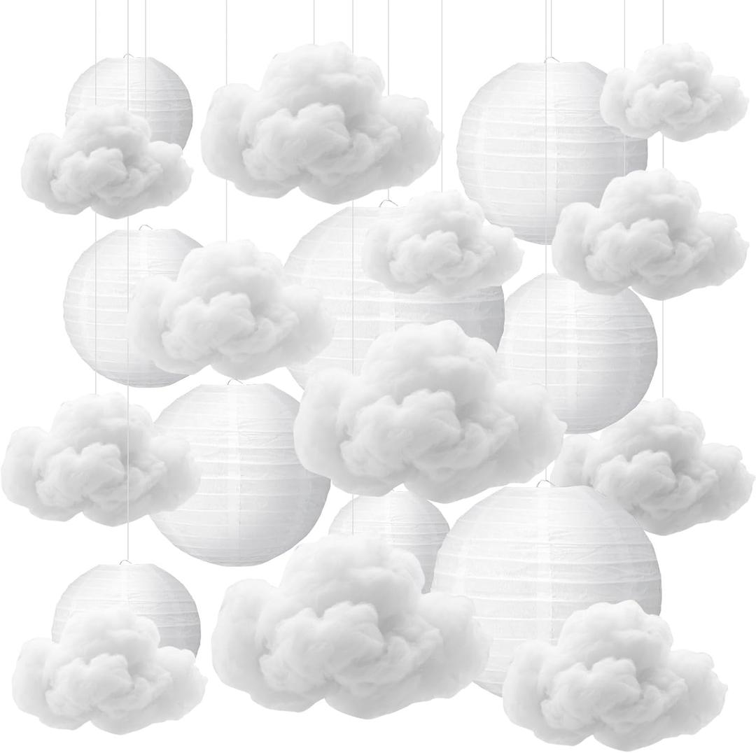 10 Pcs White Paper Lanterns with Fiber 3D Clouds Decorations for Ceiling Hanging DIY Clouds Ornament Round Paper Lanterns Lamp for Room,Birthday,Bridal,Home,Wedding Art Stage Party Supplies