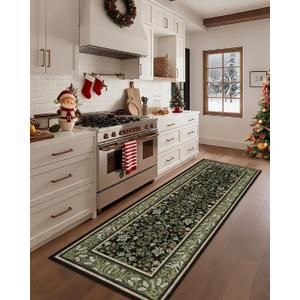 GarveeHome Christmas Runner Rugs 2x6 Kitchen Runner Rug Non Slip Washable Runners for Hallways, Boho Vintage Rugs with Rubber Backing Low-Pile Indoor Holiday Carpet for Entryway Bedroom Green Black