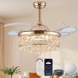 DuMaiWay Crystal Chandelier Fan - Golden 36" Smart Ceiling Fan with Light and Remote Alexa WiFi Fandelier Retractable Dimmable for Bedroom Living Room Modern