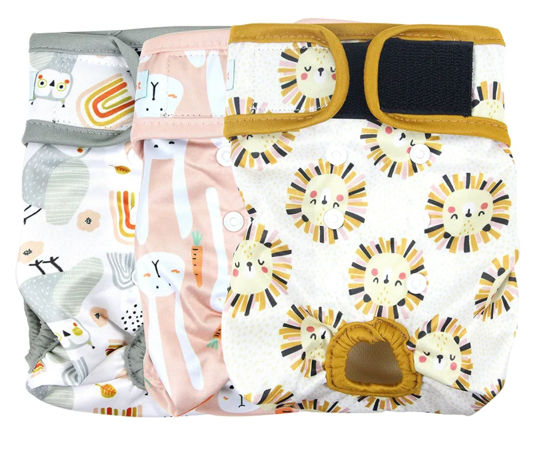 Langsprit Washable Female Dog Diapers (3 Pack) Doggie Reusable Small Medium Large Dog Diapers for Doggy Puppy Female in Period Highly Absorbent Dog Heat Panties (Medium, Rabbit, Owl, Lion)