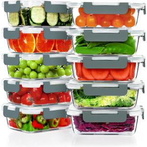 VERONES 10 Pack 22 OZ Glass Meal Prep Containers, Airtight Glass Lunch Containers Set, Glass Food Storage Containers with Lids,Exclusive of BPA, for Microwave, Oven, Freezer & Dishwasher Friendly,Grey