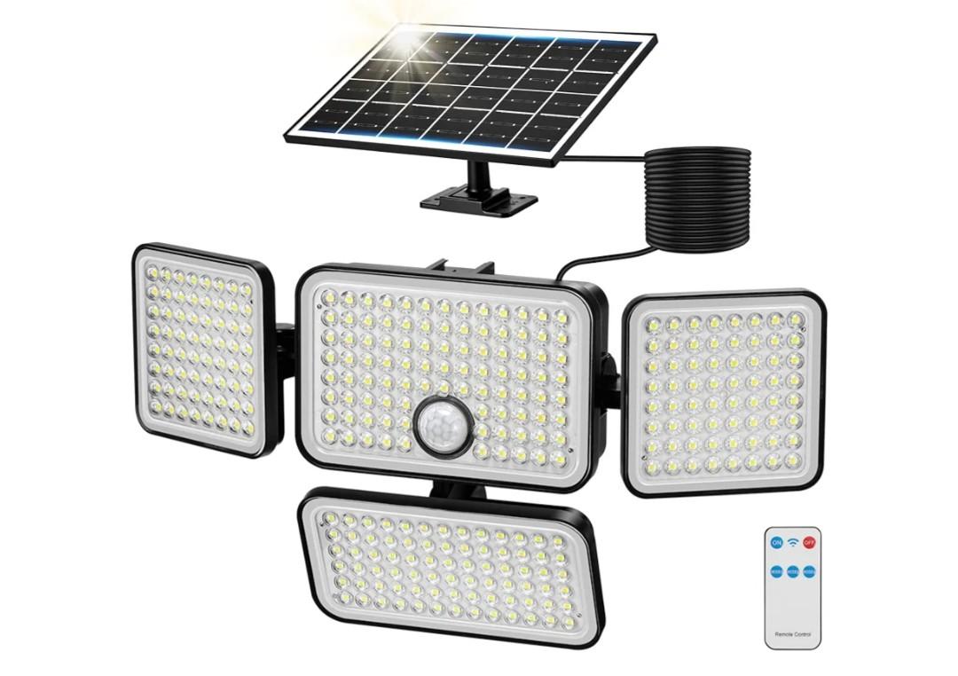 1PC 3000LM Solar Flood Lights Outdoor with Upgrade Solar Panel, 4 Head Motion Sensor Lights Flood Light with Extension Cord