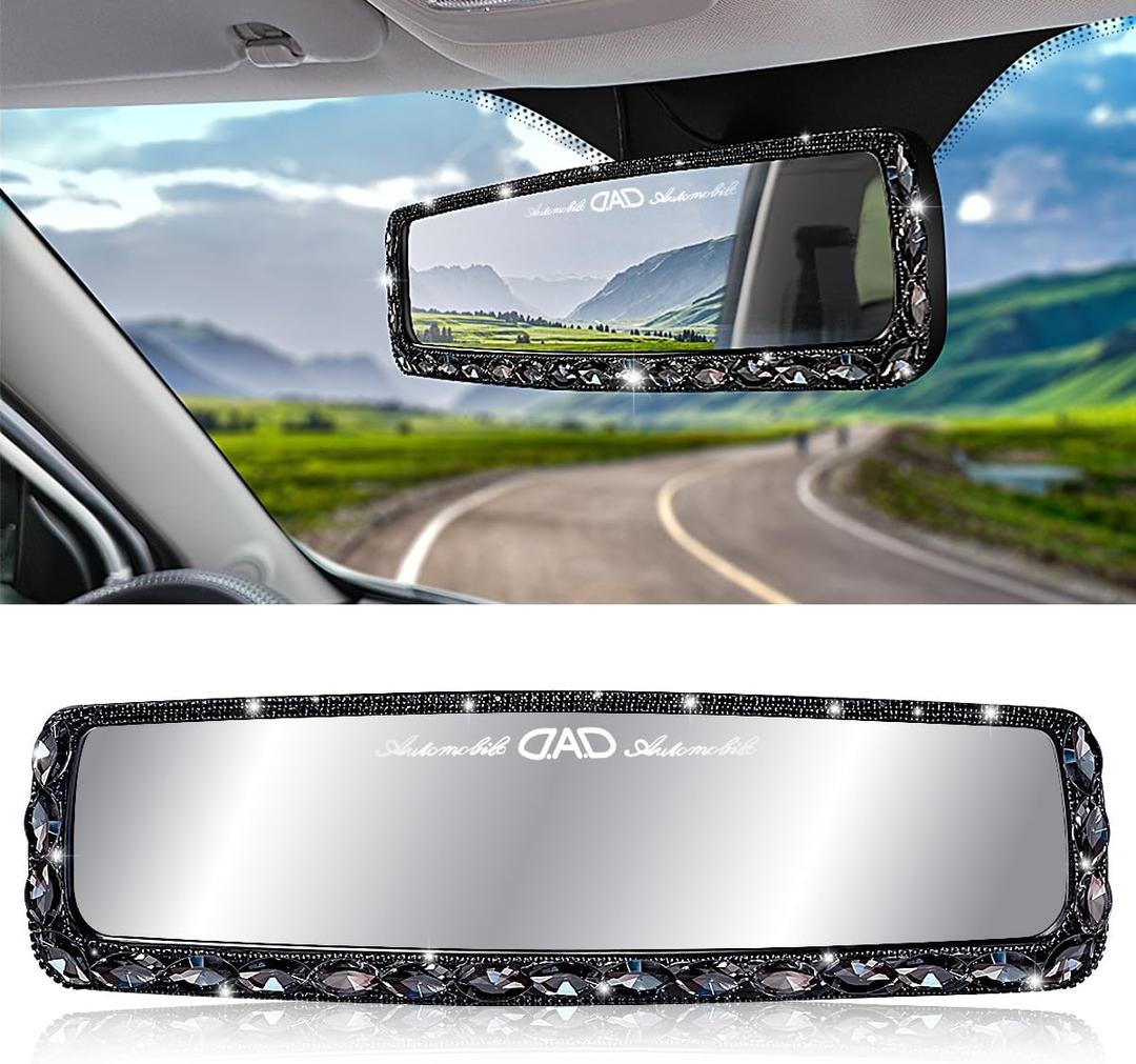 Bling Car Rearview Mirrors Decorations Rear View Mirror with HD Glass Rhinestones Automotive Interior Mirrors Bling Car Accessories for Women (MYHSJ-black)