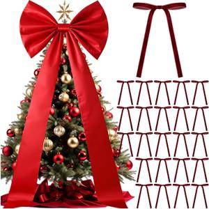 71 x 20 Inch Giant Red Bow Christmas Tree Topper with 24 Pcs Velvet Christmas Bow Extra Large Xmas Tree Topper Decor for Holiday and Home Wreath Wall Backdrop Decor