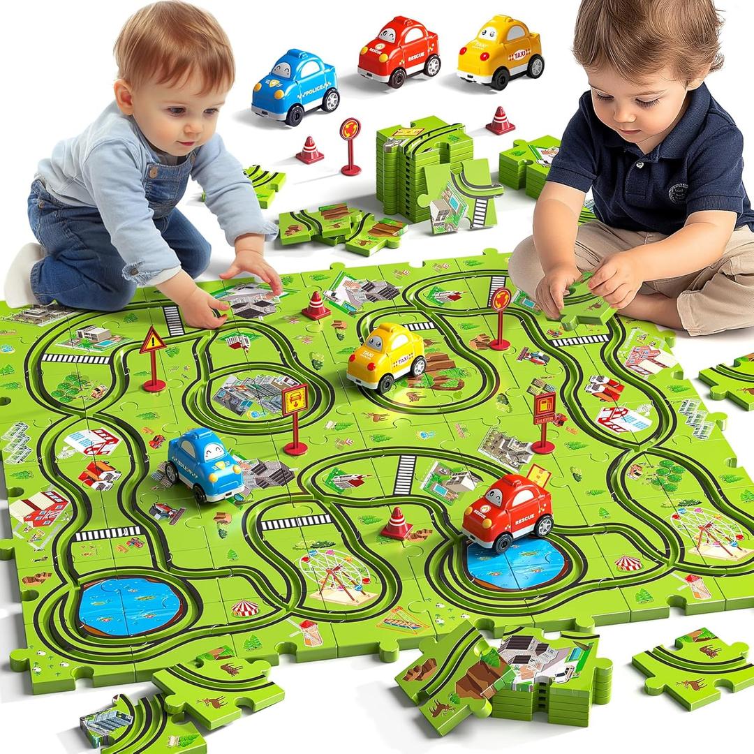 64 Pieces Puzzle Race Track Car Set Toys for 3 4 5 6 Year Old Boys - Puzzle Tracks Car Toys for Kids Ages 3-5 with 3 Sliding Toy Cars, City-Themed, Birthday Gifts for Toddlers 1-3 2-4 4-6