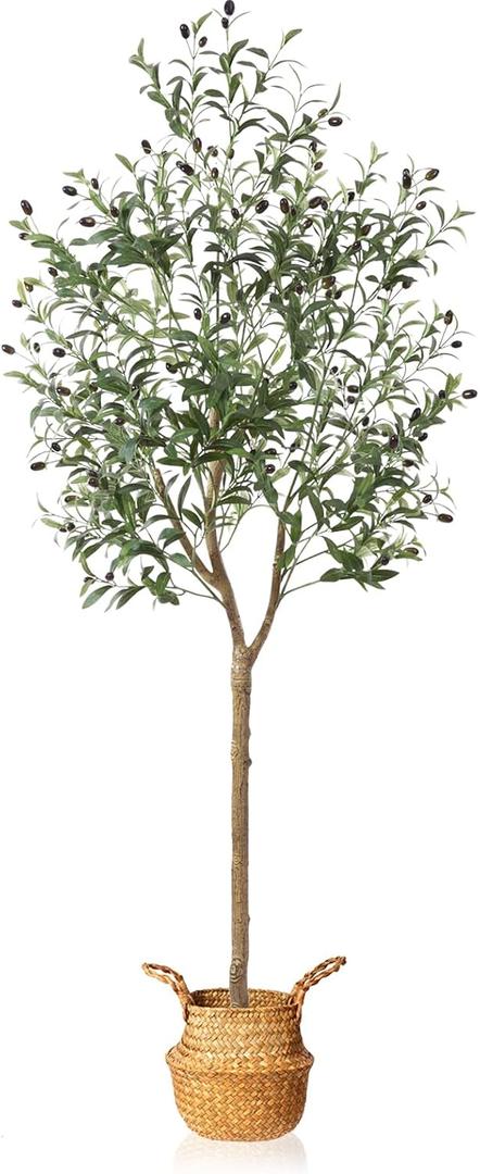 Artificial Olive Tree 6FT  Tall Faux Tree with Realistic Silk Leaves, Handmade Seagrass Basket, Low-Maintenance Large Fake Plants for Modern Office, Floor & Home Decor, Living Room, Indoor Plants