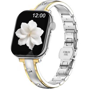 BAITEYOU Narrow Metal Band Compatible with Apple Watch Bands 38mm 40mm 41mm 42mm 44mm 45mm 46mm 49mm (Series 11 10 9 8 7 6 5 4 3 2 1 SE Ultra), Dressy Thin Stainless Steel iWatch Bands for Women (Silver Gold -S)